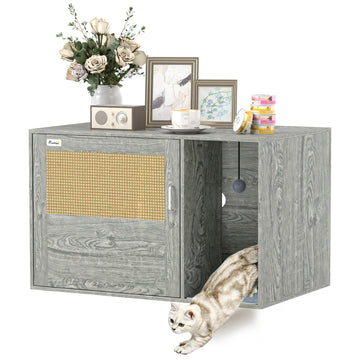 Cat Litter Box Enclosure with Rattan Door, Scratching Mat, Toy Ball, Non-Slip Foot Pads, Grey