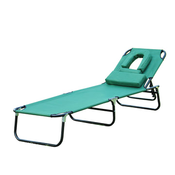 Foldable Outdoor Sun Lounger Adjustable Backrest Reclining Chair with Pillow and Reading Hole Garden Beach, Dark Green