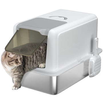 Stainless Steel Cat Litter Box with Removable Lid, Scoop, Filter Bags, for Larger Cats, White