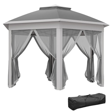 3 x 4m Garden Gazebo Hexagon Pop Up Gazebo Party Tent Canopy Double Roof Instant Shelter with Netting and Carry Bag for Outdoor Patio, Dark Grey