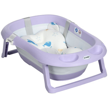 Foldable Baby Bathtub, with Non-Slip Support Legs, Cushion Pad, Shower Holder - Purple