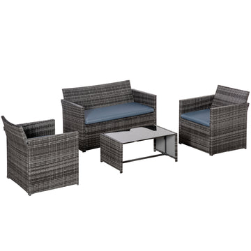 4 Pieces PE Rattan Garden Sofa Set with Cushions, Outdoor Patio Wicker Weave Conservatory Furniture Set with a Loveseat, 2 Armchairs and a Glass Top Coffee Table, Grey