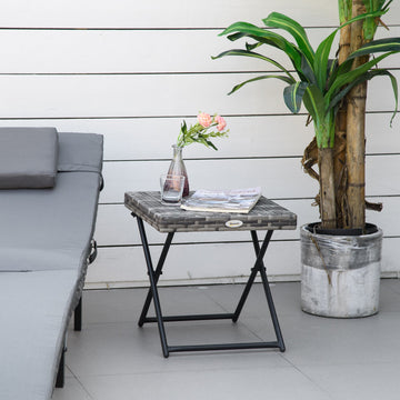 Square PE Wicker Rattan Folding Table,Weather Resistant Wicker Weave Side Table with Steel Frame, Grey