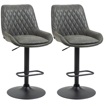 Grey Bar Stools Set of 2, Upholstered Retro Bar and Kitchen Chairs with Back, Swivel Seat, PU Leather