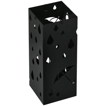 Steel Umbrella Stand, Square Umbrella Holder with 4 Hooks and Removable Drip Tray, Hollowed Umbrella Basket for Hallway, Black