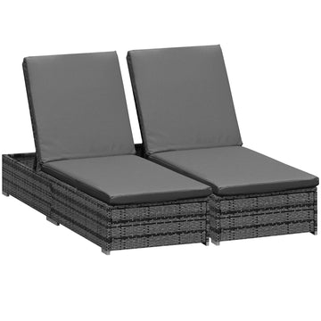 PE Rattan Sun Loungers with Cushion, Outdoor Garden Sunbed Furniture with 5-Level Recliner Backrest, and Armrest, Set of 2, Grey