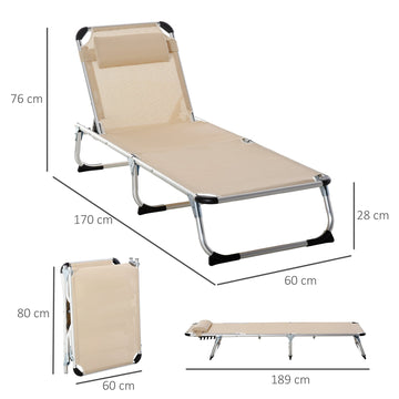 Foldable Outdoor Sun Lounger, Reclining Lounge Chair Camping Bed Cot with Pillow 4-Level Adjustable Back Aluminium Frame, Khaki