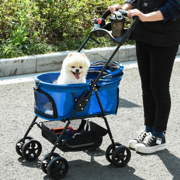 Dog Pram Dog Stroller Foldable Pet Pushchair with 4 Wheels, Safety Leashes, Cup Holder for Small Dogs, Blue