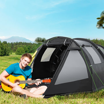 3-4 Man Tunnel Tent, Two Room Camping Tent with Windows and Covers, Portable Carry Bag, for Fishing, Hiking, Sports, Festival - Black
