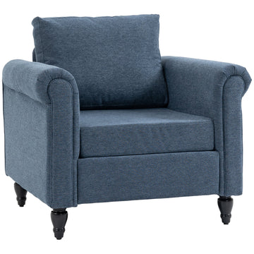 Vintage Accent Chair, Upholstered Occasional Chair with Back Pillow, Rolled Arms, Rubber Wood Legs, Dark Blue