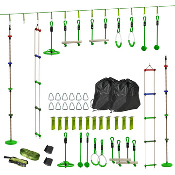 Obstacle course for Kids, with 10-Piece Slackline Kit with Monkey Bars, Gym Rings, Rope Ladder, Nest Swing, Hanging Tray