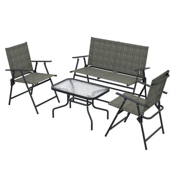 Outdoor 4 Pieces Patio Furniture Set with Breathable Mesh Fabric Seat & Backrest, Garden Set with Two Foldable Armchairs, a Loveseat & Glass Top Table, Mixed Brown