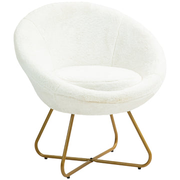 Faux Fur Accent Chair with Golden Metal Legs, Upholstered Comfy Tub Chair with Non-Slip Footpads, Seat Cushion for Bedroom, Living Room and Office, White