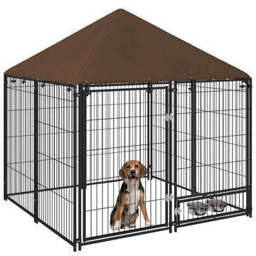 Outdoor Dog Kennel Puppy Play Pen with Canopy Garden Playpen Fence Crate Enclosure Cage Rotating Bowl 141 x 141 x 151 cm