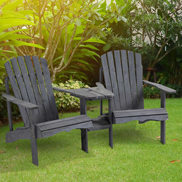 Wooden Outdoor Double Adirondack Chairs Loveseat w/ Centre Table and Umbrella Hole, Garden Patio Furniture for Lounging and Relaxing, Dark Grey