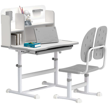 Height Adjustable Kids Desk and Chair Set, Children School Study Desk with Tiltable Desktop, Reading Rack, Grey