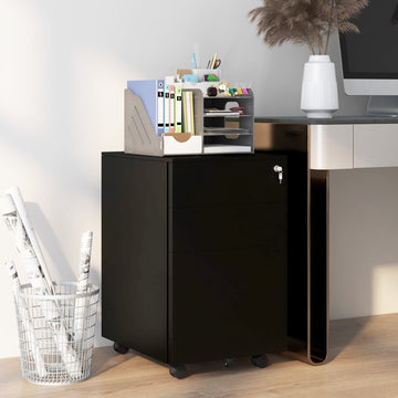 3-Drawer Vertical Filing Cabinet with Pencil Tray, Lock and 5 Wheels, Steel Mobile File Cabinet, for A4, Legal and Letter Size, Pre-Assembled Body, Black