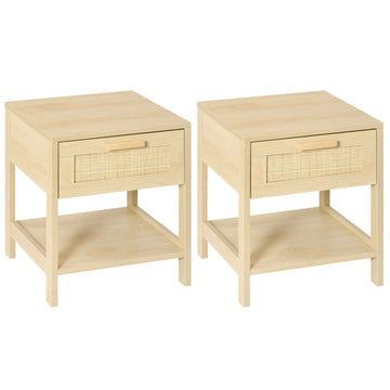 Bedside Table, Nightstand with Rattan Drawer and Storage Open Shelf, Farmhouse Side Table for Bedroom, Living Room, Set of 2