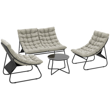 4 Seater Garden Furniture Set, Conversation Set with Loveseat Sofa, Chairs, Glass Coffee Table, Thick Cushions, Steel Outdoor Sofa for Balcony, Poolside, Conservatory, Light Grey