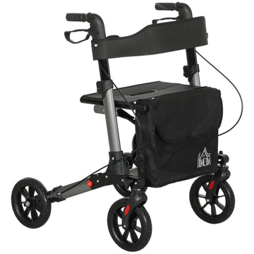4 Wheel Rollator with Seat and Back, Folding Mobility Walker with Carry Bag, Adjustable Height, Dual Brakes, Cane Holder, Lightweight Aluminium Walking Frame for Seniors and Disabled, Silver