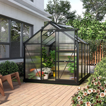 6 x 8ft Polycarbonate Greenhouse, Large Walk-In Green House with Slide Door and Window, Garden Plants Grow House with Aluminium Frame and Foundation, Grey