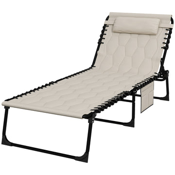 Padded Sun Lounger, with Five-Position Reclining Back - Khaki