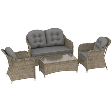 Four-Piece Rattan Sofa Set, with Glass-Top Table - Light Grey