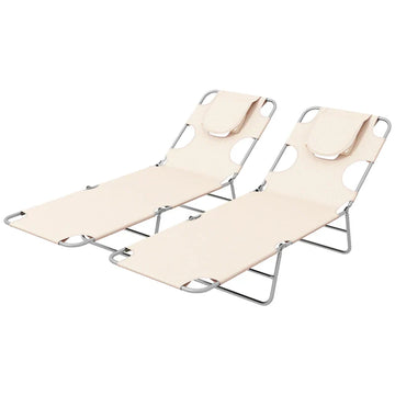 Foldable Sun Lounger Set of 2, Beach Chaise Lounges with Reading Hole, Arm Slots, 5-Position Adjustable Backrest, Side Pocket, Pillow for Patio, Garden, Beach, Pool, Beige