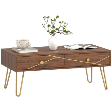 Coffee Table with Storage, Living Room Table with Drawers, Rectangular Tea Table with Steel Base for Home, 100 x 50 x 41 cm, Brown