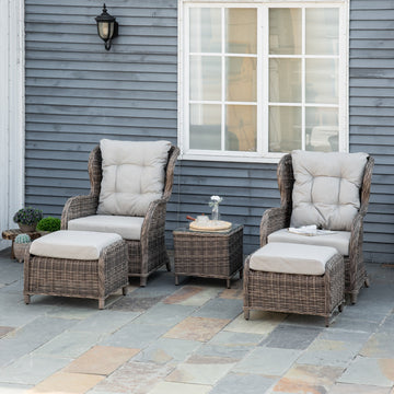 5 PCS Deluxe Garden Rattan Furniture Sofa Chair & Stool Table Set Patio Wicker Weave Furniture Set Aluminium Frame Fully-assembly - Brown