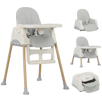 3-in-1 Foldable High Chair for Babies, Toddlers, with Safety Harness, Washable Removable Seat Cushion, Tray, Grey