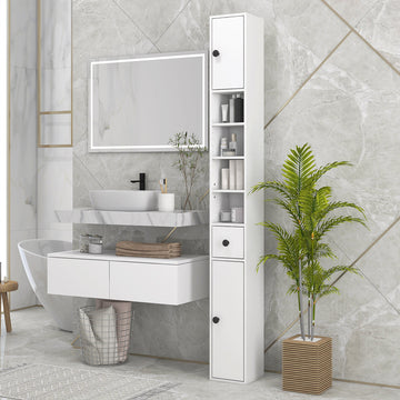 180cm Tall Bathroom Cabinet, Slim Bathroom Storage Cabinet with 4 Open Shelves, 2 Door Cupboards and Adjustable Shelves, White