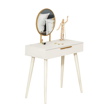 Elegant Dressing Table, with Round Mirror - White
