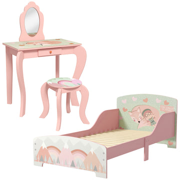 Toddler Bed Frame, Kids Dressing Table with Mirror and Stool, Cute Animal Design Kids Bedroom Furniture Set for Ages 3-6 Years, Pink