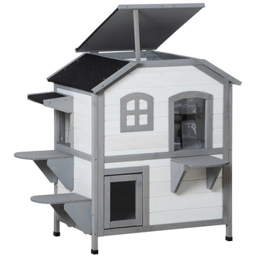 2-Story Indoor or Outdoor Cat House W/ Escape Door, Cat Shelter, White
