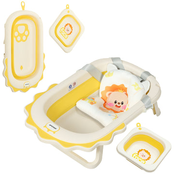 Foldable Baby Bath Tub Set with Bath Cushion, Wash Basin, Non-Slip Stand, Bottom, Yellow