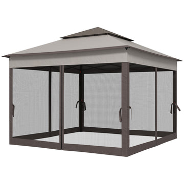 3.25 x 3.25m Pop Up Gazebo, Double-roof Garden Tent with Netting and Carry Bag, Party Event Shelter for Outdoor Patio, Brown and Grey