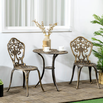3 Piece Cast Aluminium Garden Bistro Set for 2 with Parasol Hole, Outdoor Coffee Table Set, Two Armless Chairs and Round Coffee Table for Balcony, Patio, Bronze