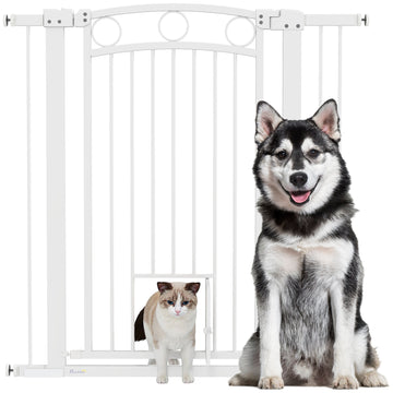 106cm Tall Dog Gate with Cat Door, 7cm and 14cm Extensions, for Stairs, Doorways, 76-104cm Width