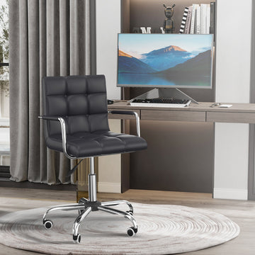 Office Chair, Makeup Vanity Chair, Mid Back Computer Chair, PU Leather Swivel Study Chair with Adjustable Height, Armrest and Rolling Wheels, Black