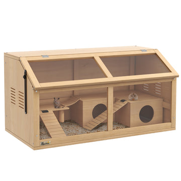 Hamster Cage, Wooden Small Animal Cage for Gerbils, Mice w/ Suspension Bridge, Openable Top, Hut, 85 x 45 x 44cm Nature