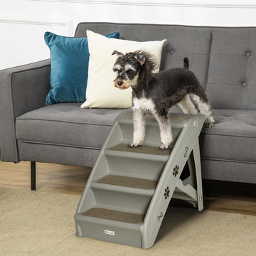 Foldable Four-Step Pet Stairs, for Cats, Small Miniature Dogs, with Non-Slip Mats 62 x 38 x 49.5cm - Grey