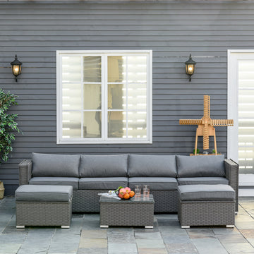 5 PCs PE Rattan Wicker Corner Sofa Set Bonzer Outdoor Conservatory Furniture Lawn Patio Tea Table Footstool w/ Cushion - Grey