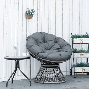 360° Swivel Rattan Papasan Moon Bowl Chair Round Lounge Garden Wicker Basket Seat with Padded Cushion Oversized for Outdoor Indoor, Grey