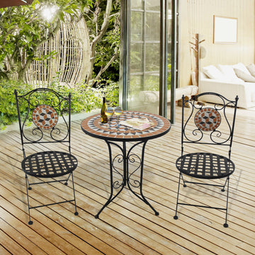3 PCs Garden Mosaic Bistro Set Outdoor Patio 2 Folding Chairs & 1 Round Table Outdoor Furniture Vintage