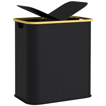 Double Laundry Basket With Lid, 80L Collapsible Laundry Hamper with Groove Handles, Washing Basket for Bathroom, Bedroom, Laundry Room, Black