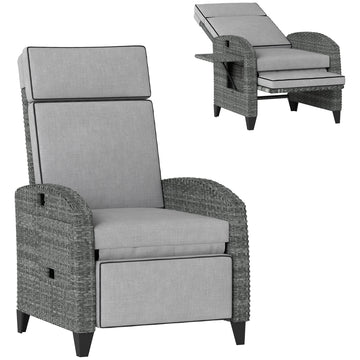 Outdoor Recliner Chair with Adjustable Backrest and Footrest, Cushion, Side Tray, Light Grey