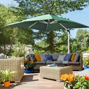 3 x 3(m) Cantilever Roma Parasol, Square Garden Umbrella with Cross Base, Crank Handle, Tilt, 360° Rotation and Aluminium Frame, Green
