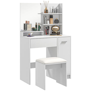 Dressing Table and Stool Set, with Storage - White