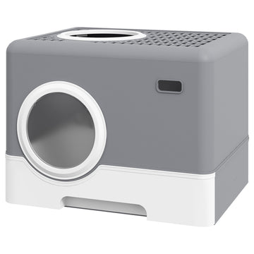 Enclosed Cat Litter Box, with Lid, Front Entry, Top Exit, Pull-Out Tray, Scoop - Grey